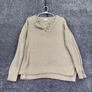 Becool Sweater Womens S/M Beige Waffle Knit Henley Crew Neck Casual Cozy